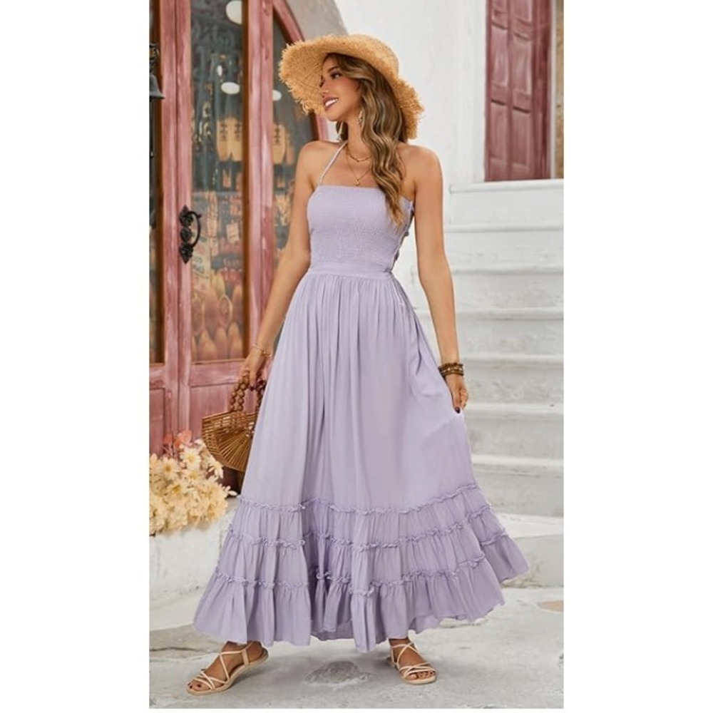 R Vivimos Halter Maxi Dress Womens M Purple Backless Tiered Boho Beach Vacation‎